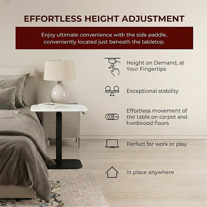 Elevance Height Adjustable Side Table, Black Base, Cloud White Top | Sofa Laptop Table for Couch & Bed | Small C-Shape End Table for Home or Office
