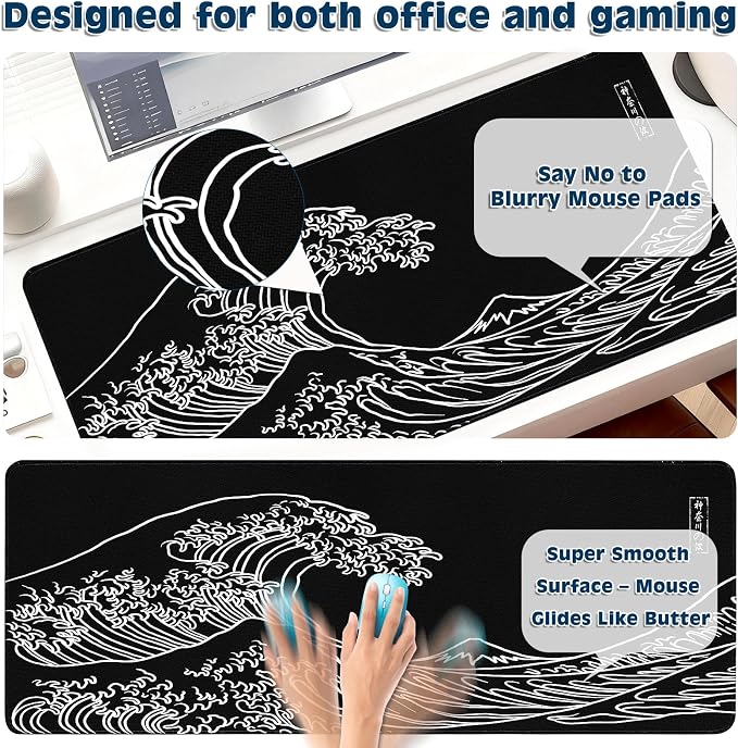 Gaming Desk Mat with Silky Smooth Surface & Exquisite Patterns,31.5x11.8 Inches Large-Sized Mouse Pad, Perfect for Extended Gaming,Work,and Home Office Decor (Kanagawa Waves 3)