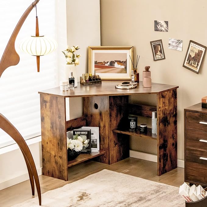 Small Corner Desk, Space-Saving Corner Workstation with Storage Shelves & CPU Stand, 90 Degree Triangle Makeup Vanity Desk, Wood Corner Computer Desk for Small Space (Rustic Brown)