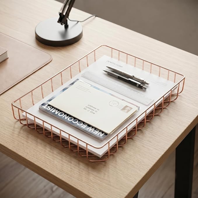Elegant Gold Wire Desk Tray Organizer - Multipurpose A4 Letter Size File Tray, Premium Metal Mesh Document & Magazine Holder, Storage Basket for Office, Vanity, & Bathroom, Rose Gold, 2 Pack