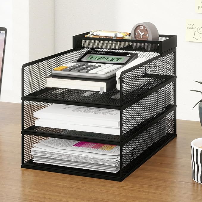 Natwind 3 Tier Stackable Paper Trays for Letter Documents, Desktop File Organizers for Office Supplies, Metal Mesh Desk Organizer,Office Organizer,Letter Trays for Home, Office, School,Black