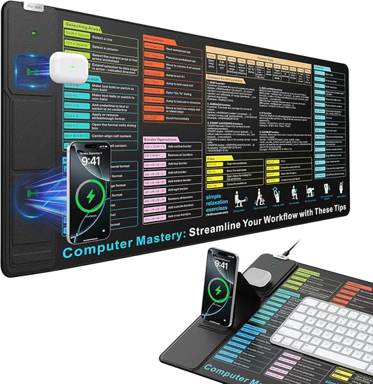 Wireless Charging Mouse Pad with Foldable Phone Holder, 31.5"x15.8" XXL Excel Cheat Sheet Desk Mat for Laptop/Keyboard, Waterproof Ultra-Smooth Surface, Non-Slip Base