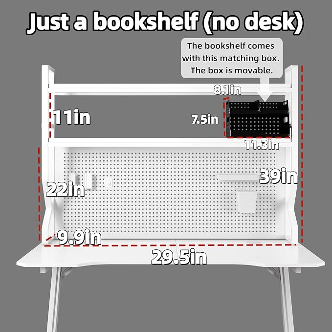 Desktop Hutch Bookshelf,Many Gifts,Metal Desktop Bookcase with pegboard, Desk Shelf, Countertop Storage Organizer Rack for Dorm or Office,Desktop Shelves (White, 29.5" Lx9.9 Wx39 H)