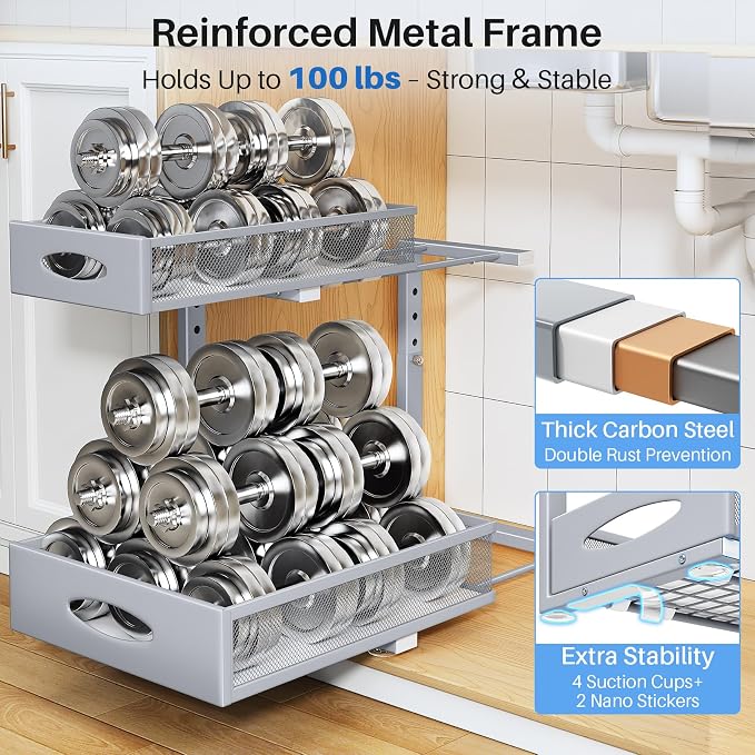 Under Sink Organizer, 2 Pack 2 Tier Pull Out Under Cabinet Organizer Shelf with Pad for Framed Cabinets, Metal Slide Out Under Sink Storage, Mesh Sliding Drawers for Kitchen Bathroom Laundry, Grey