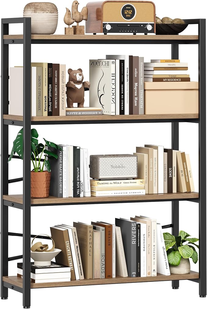 4 Tier Bookshelf 31.49" Width, Tall Book Shelf Storage and Organization, Wooden and Metal Industrial Bookcase, Large Book Shelves for Home Living Room Bedroom Office Storage(Light Coffee)