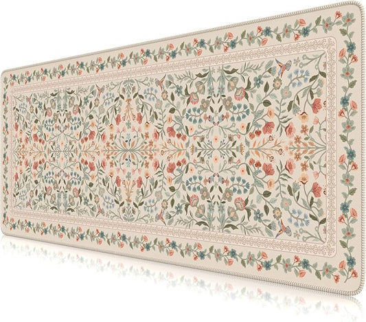 iCasso Aesthetic Floral Desk Mat, L Mouse Pads, Anti-Slip Mousepad with Stitched Edges, Waterproof Computer Pad 11.8"x31.5", Desk Accessories Office Decor for Women(Beige)