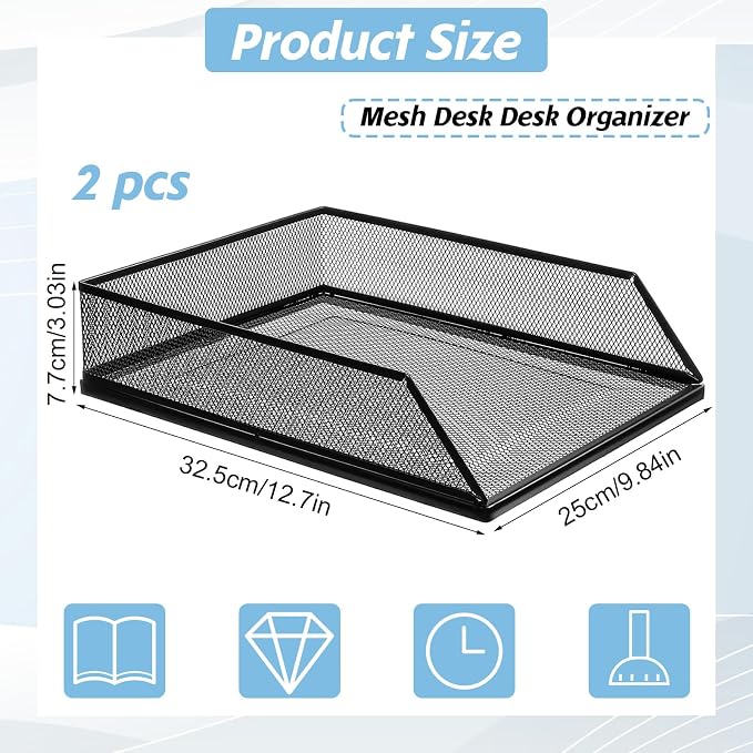 2 Pack 12.8 x 9.84 Inch Black Metal Mesh Letter Tray, Stackable Desk File Organizer Paper Holder Document Storage for Office Home Classroom