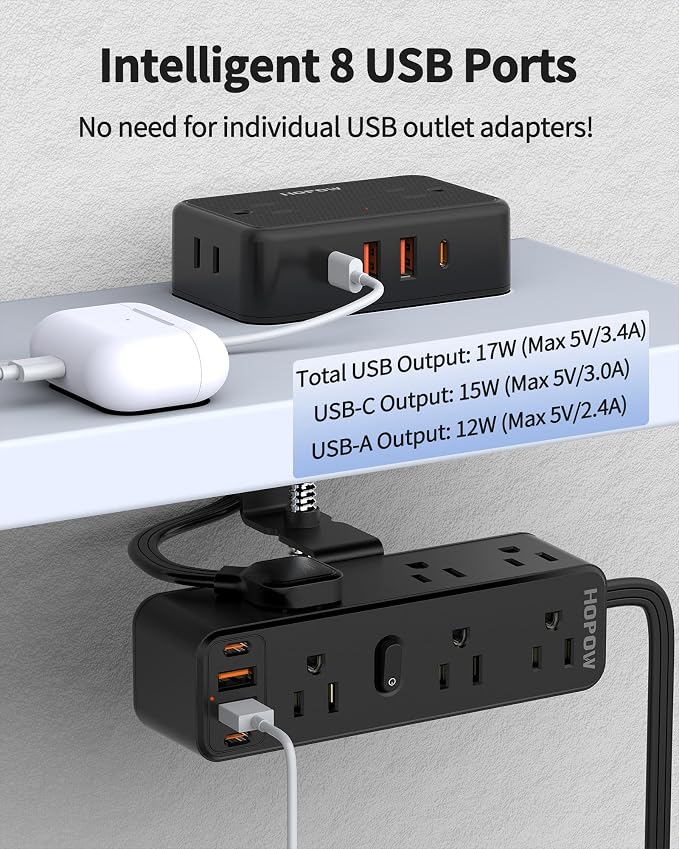 HOPOW Dual Layer Desk Clamp Power Strip with 13 AC Outlets 8 USB (4 USB C), Fit 2.75" Tabletop, Desktop Edge Mounted Surge Protector (1700J),10 Ft Extension Cord, Desk Outlet for Office Home, Black