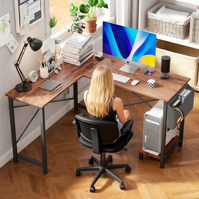 Dkelincs 50-Inch L Shaped Desk, Corner Computer Desk & Gaming Desk for Home Office and Dorm, Sturdy Writing Workstation with CPU Stand and Side Storage Bag (Brown)