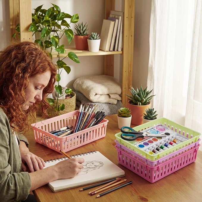 Thenshop 16 Pcs Classroom Storage Baskets Classroom Pencil Organizer Bins Plastic Book Baskets for Library Plastic Storage Trays for Desk Drawer Home Office, 10.2 x 6.5 x 2.4 Inch (Fresh Color)