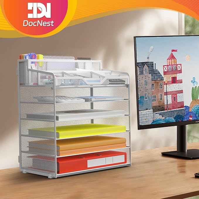 Docnest 6 Tier Mesh Desk Organizer for Paper Office Supplies – Multi-Functional Letter Tray with 5 Adjustable Compartments, 4 Pen Holders, Desktop Storage for Files, Mail, Stationery – White