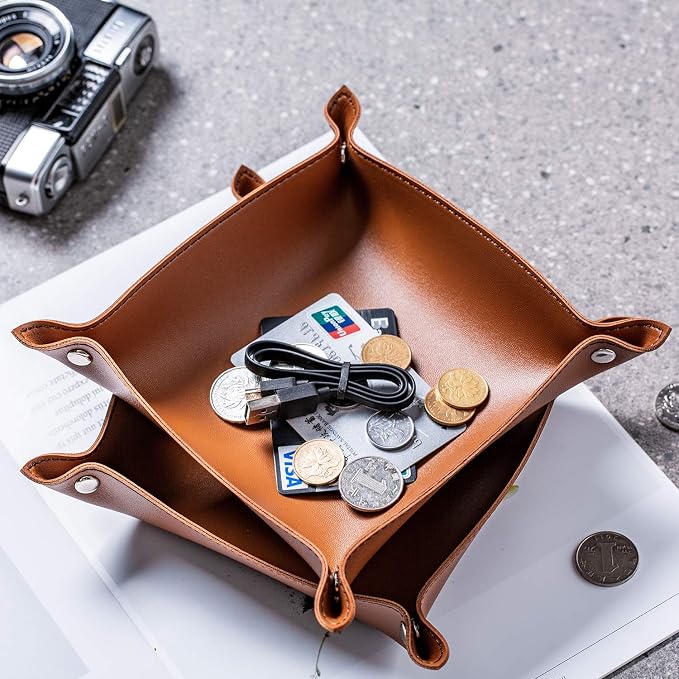 PU Leather Jewelry Valet Tray for Women and Men, Portable Entryway Table and Bedside Nightstand Desk Catchall Travel Dish Plate for Key, Wallet, Watch, Coin (Brown-B)