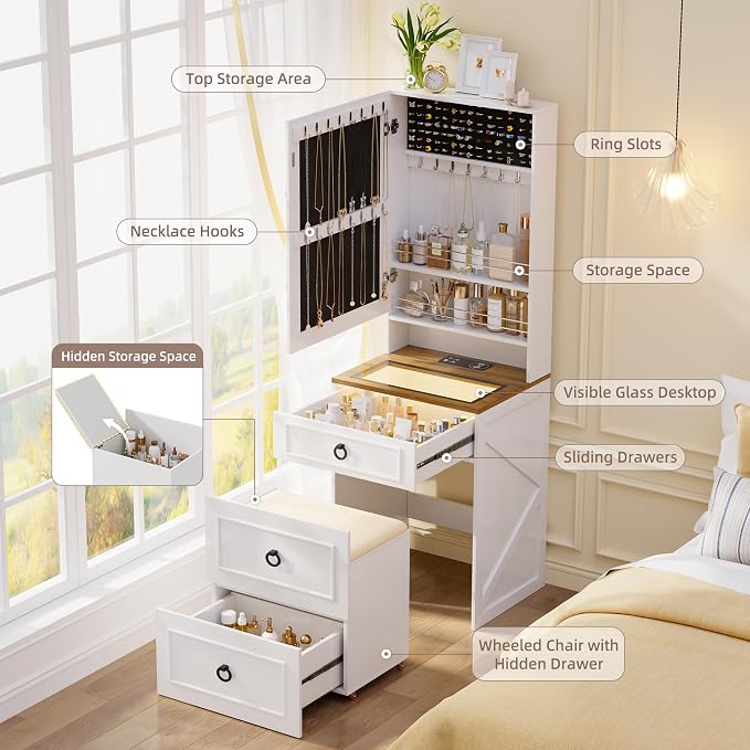 Gurexl 3 in 1 Small Vanity Desk with Lights and Mirror,Tall Lighted Compact Vanity with Charging Station,Makeup Vanity Set with Jewelry Armoire,Glass Top,Wheeled Stool,3 Drawers, White and Oak