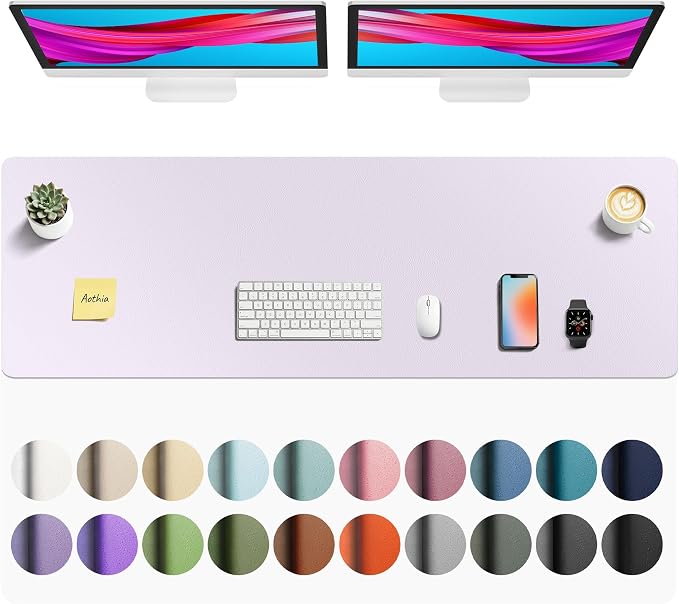 Aothia Faux Leather Desk Mat - Non-Slip PU Leather Desk Blotter, Waterproof Writing Surface, Large Desk Pad for Office & Home (Soft Lavender, 55" x 17")