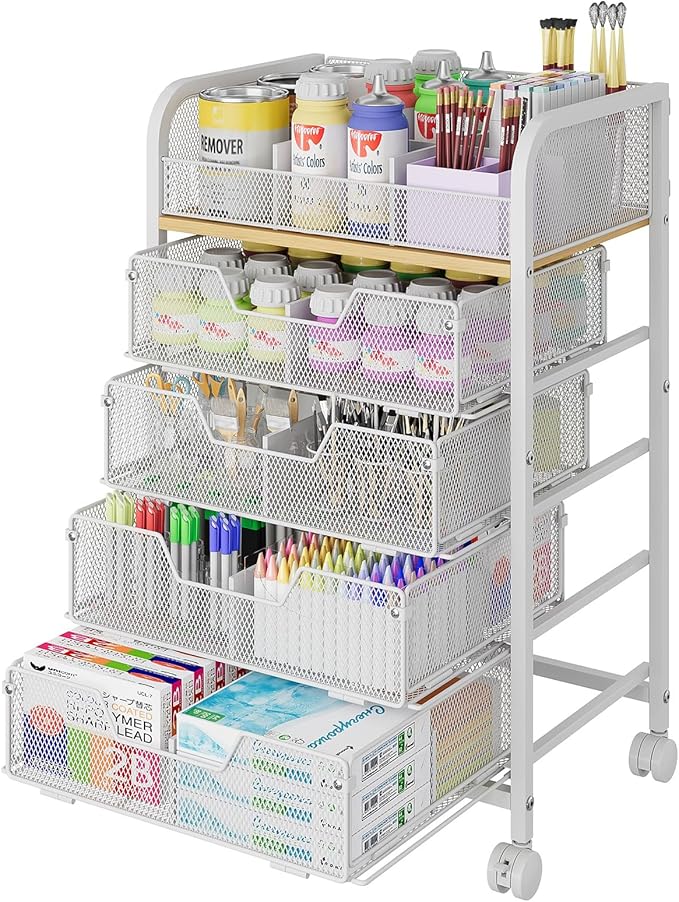 5-Tier Craft Organizer Cart with 5 Sets of DIY Dividers,Craft Organizers and Storage with Drawers,Lockable Wheels Rolling Utility Cart on Wheels,Art Supply Organizer,Ideal for Studio,Office,White