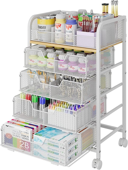 5-Tier Craft Organizer Cart with 5 Sets of DIY Dividers,Craft Organizers and Storage with Drawers,Lockable Wheels Rolling Utility Cart on Wheels,Art Supply Organizer,Ideal for Studio,Office,White