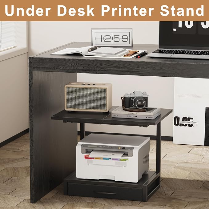 YAOHUOO 2-Tier Desktop Printer Stand with Fabric Drawer, Prtiner Table with Storage Shelf, Desk Organizer for Home Office,3D Printer,Fax Machine,Scanner, 19.6"x14.9" Black