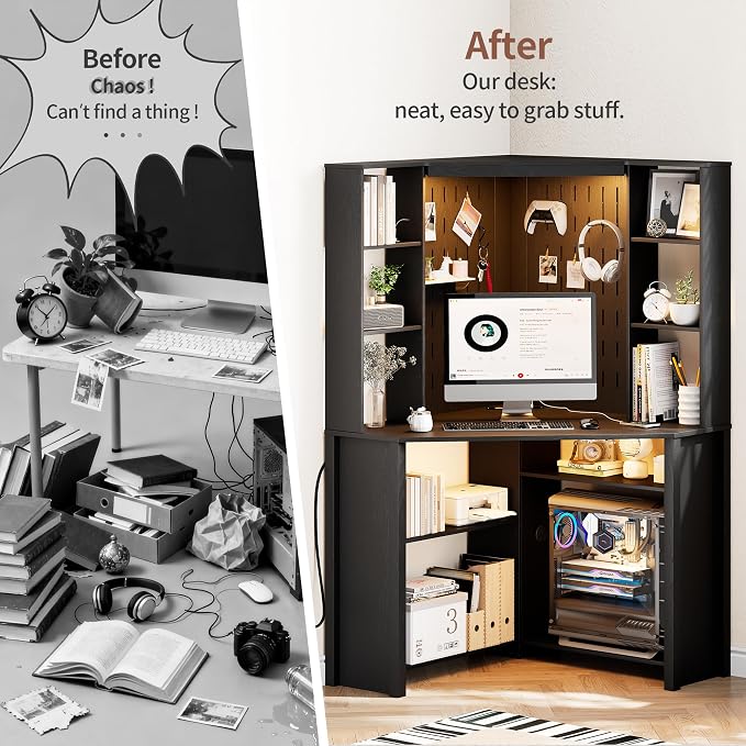 Corner Desk with Shelves-&LED Reading Light,Triangle Home Office Desk w/Charging Station for Work & Study,File Cabinet Storage Bookshelf for Small Space （Black）