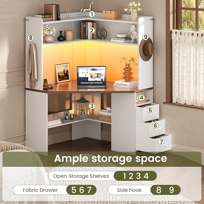 SEDETA 31.5" Corner Desk for Small Space, Farmhouse Small Corner Desk with Hutch & 3 Drawers, Corner Computer Desk with Storage Shelves & LED Lights for Home Office, White + Brown