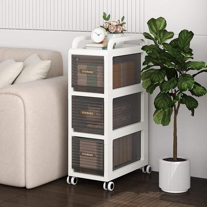 Bathroom Storage with Drawers, 9.8" Wide Wide Slim Storage Cabinet with Wheels for Small Spaces, Narraw Cart for Kitchen Office Bedroom Dinning Room Under Desk, 29.7" Tall