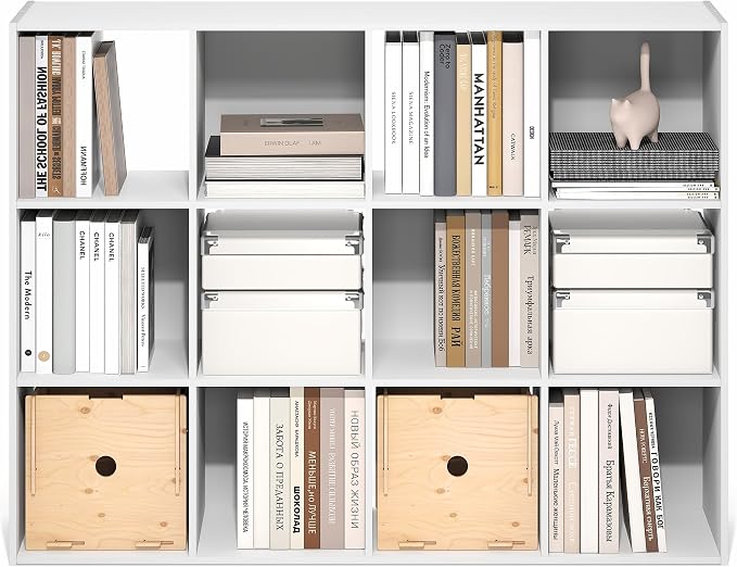 Furinno PELLI Book Shelf, 12-Cube Bookshelf, Cube Storage Organizer Bookcase, 11.7 x 47.6 x 36, for Living Room, Bedroom, Home Office, White