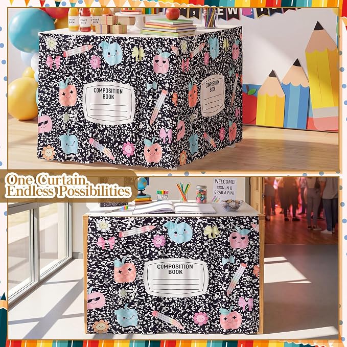 VitalCozy Composition Notebook Table Skirt for Classroom Teacher 35" W X 35" L Desk Skirts Teacher Appreciation Week Back to School Gifts for Kindergarten Classroom Office Bookcase Decoration