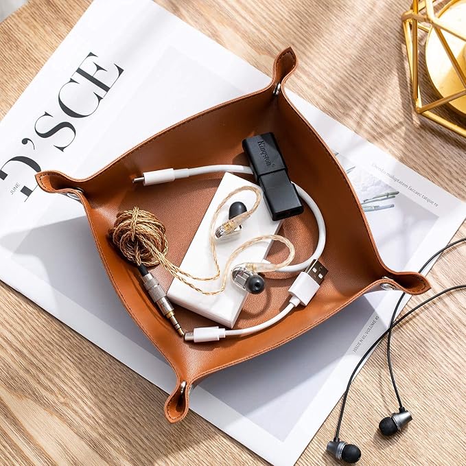 Leather Jewelry Valet Tray for Women and Man, Portable Entryway Table Tray Bedside Nightstand Desk Tray Small Catchall Travel Dish Plate for Key,Wallet,Watch,Coin (4PCs Brown-B)