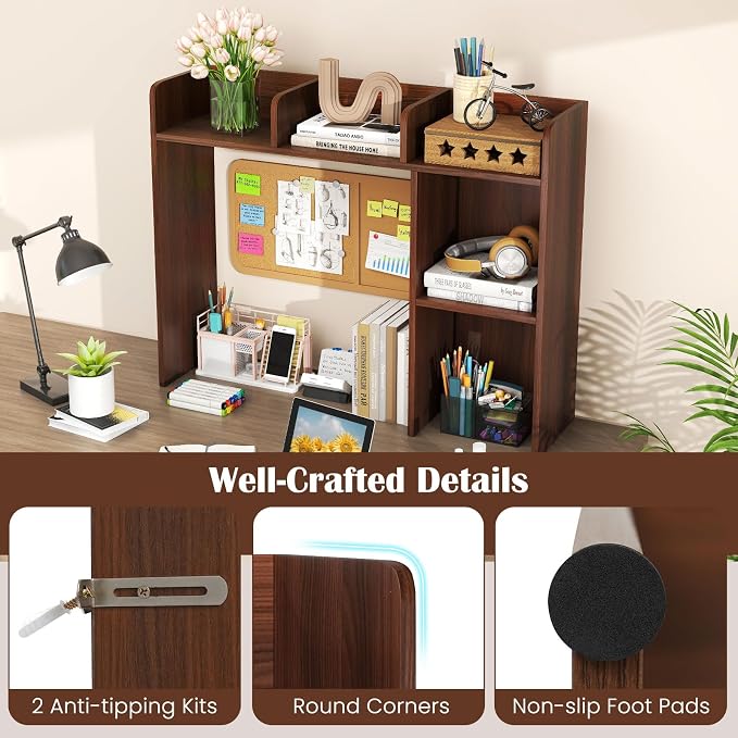 MAT EXPERT Desk Organizer, Wooden Desktop Shelf for 27 Inch Monitor with 5 Shelves & Non-Slip Foot Pads, Anti-Tipping Device, Multipurpose Desk Hutch for Study, Office, Dorm (Walnut)