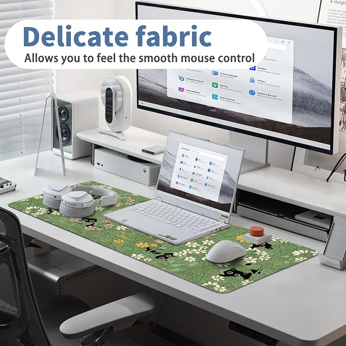 Cute Cat Mouse Pad Large Green Desk Mat Extended Keyboard Mouse Pad Kawaii Mousepad with Non-Slip Base and Stitched Edge Plant Mouse Mat Desk Pad 31.5 x 11.8 in Mouse Pads for Decor Home Office Gaming