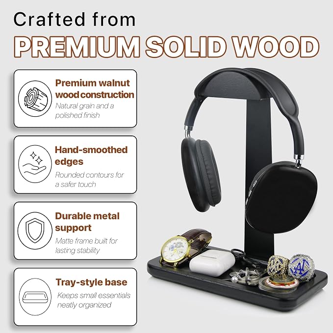 Gift for Men Headphone Stand with Storage Base, Stylish Headset Holder Gamer Gifts for Gaming & Desk to Keep Accessories Organized, Unique Gifts for Teenage Boy Brother on Birthday (Black Wood)