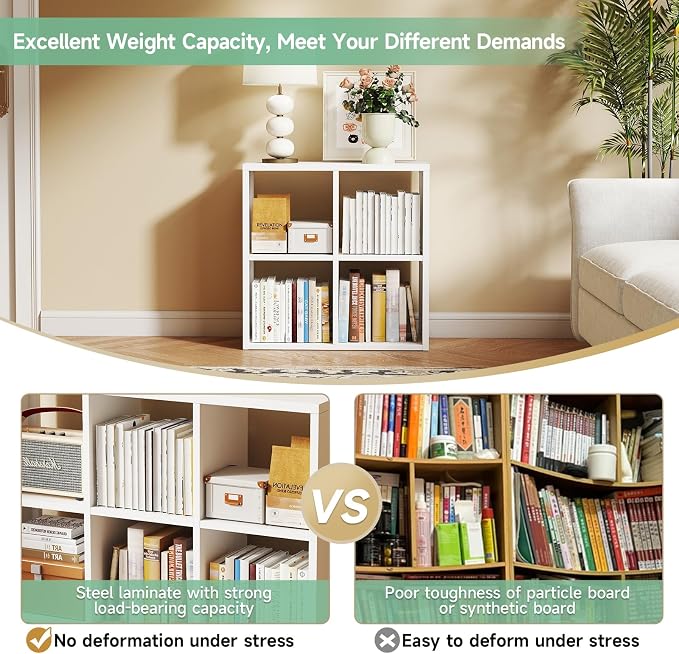 IRONMIX Metal 4 Cube Storage Organizer with 2 Storage Basket, Short Bookshelf with Storage, Horizontal Bookshelf, 2 Tier Open Bookcase Cube Shelf for Home Office Library (White, 700 with Basket)