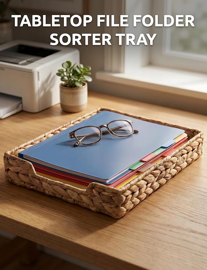 Demigo Water Hyacinth File Folder Holder - Desk Organizer for Letter Paper, Mail, A4 File - Sturdy Woven Letter Tray, Paper Basket with Metal Frame, Office Decor & Magazine Sorter