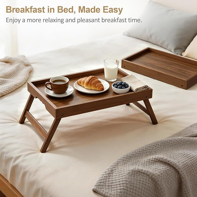 Large Breakfast Tray with Folding Legs Set of 2, 16.9" x 12.2" Bamboo Bed Tray Table with Ergonomic Wave Handles, Foldable TV Dinner Tray for Bed Couch Sofa, Breakfast, Laptop, Coffee, Walnut