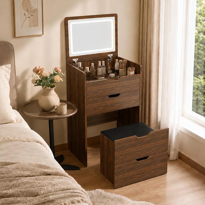 Small Vanity with Mirror and Lights for Small Space, 3-in-1 Compact Makeup Vanity Desk with Storage, Flip Top Vanity Table with Hidden Stool, 3 Color Mode, Drawers & Jewelry Organizer, Mini Vanity Set