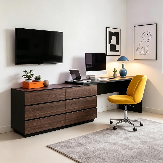 Retractable L-Corner Computer Desk with 6 Organizer Drawers for Games, Make-up, Home Office, Walnut