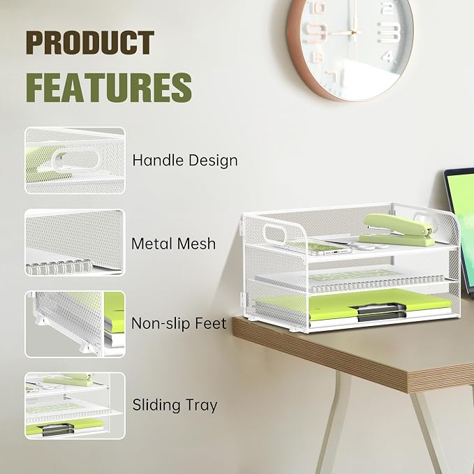 DALTACK 3 Tier Paper Organizer with Handle, Mesh Metal Desk Organizer with Sliding Paper Trays for Letter/A4 Paper, Mail, Bills & Folders, White