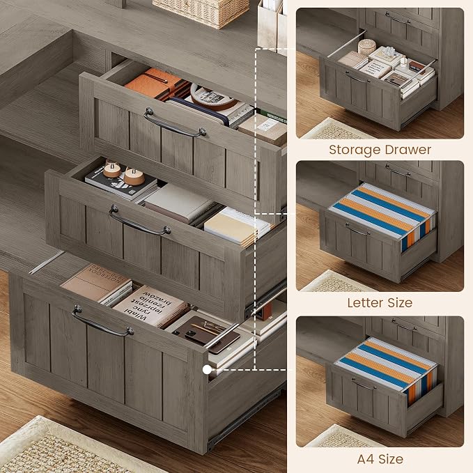 SEDETA Farmhouse L Shaped Computer Desk, 59'' Wood Office Desk with 3 Drawers and 5-Tier Bookshelf, Corner Desk with Storage Shelves and Power Outlet for Home Office Small Space, Grey