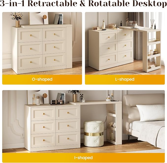 FansaFurn 67" Extendable Makeup Vanity Desk with 3 Side Shelves, L-Shaped Vanity Table and Dresser Combo with 6 Drawers, Modern Dressing Table for Bedroom, Dressing Room, Beige