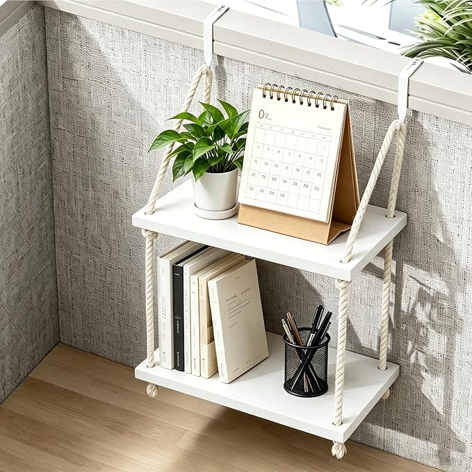 2 Tier Cubicle Shelf Hanging - 11.8 Inch Office Cubicle Wall Shelf with Rope Adjustable Hooks, Office Desk Accessories for Office Decor, Organizer, Storage in Workspaces