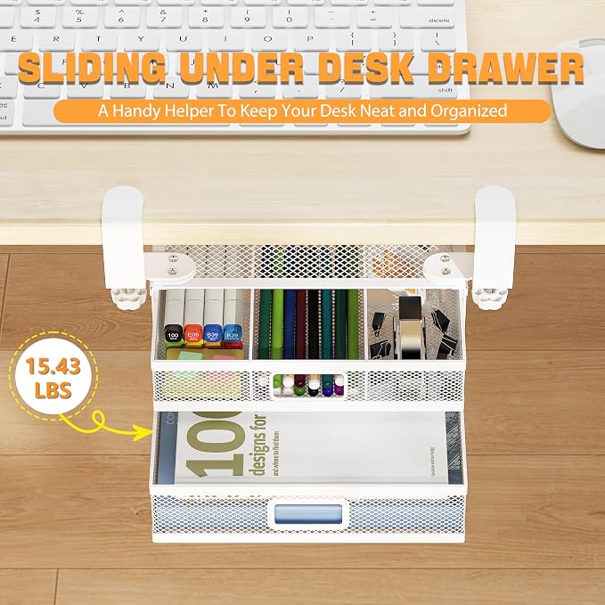 Sliding Under Desk Drawer Organizer No Drilling 2 Drawers Slide Out Desktop Or Under Table Storage Metal Clamp On Desk Drawer Attachment Small Desktop Organizer for Home & Office, White