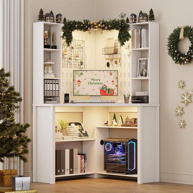 Corner Desk with - LED Reading Light, L-Shaped Computer Desk w/Hutch & Shelves, Home Office Desk w/Charging Station for Work & Study, File Cabinet Storage Bookshelf for Small Space (White)