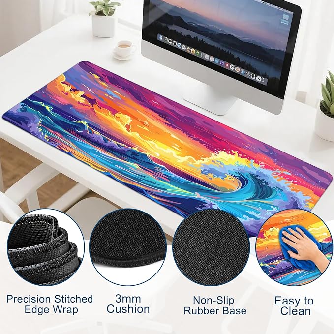 Gaming Desk Mat with Silky Smooth Surface & Exquisite Patterns,31.5x11.8 Inches Large-Sized Mouse Pad, Perfect for Extended Gaming,Work,and Home Office Decor (Japanese Waves 3)