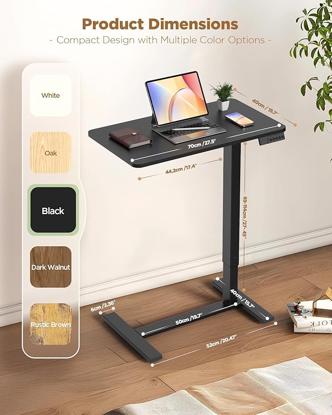 Overbed Bedside Table with Wheels, Electric Standing Desk Adjustable Height, Small Computer Desk for Home Office, Rolling Laptop Desk for Bed, Sofa, or Hospital Use (28"x16",Black)