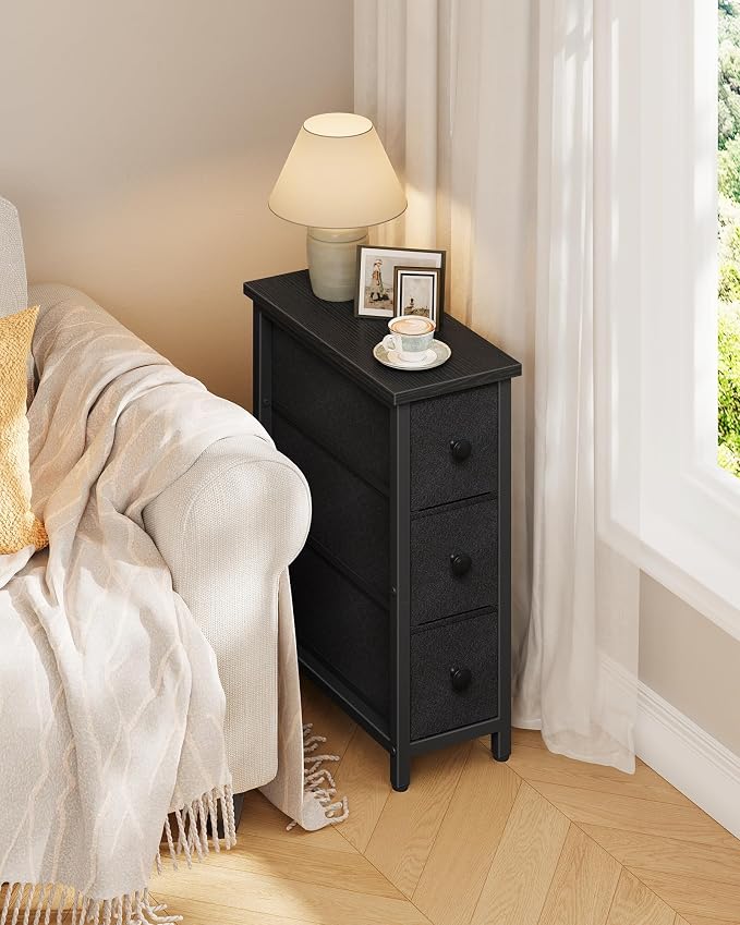 CHOEZON Narrow Side Table with 3 Fabric Drawers, Industrial Slim Bedside Table for Small Spaces, Bedroom, Living Room, Dormitory, Black TBZ09BB