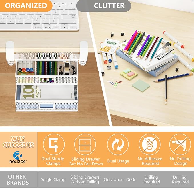 Sliding Under Desk Drawer Organizer No Drilling 2 Drawers Slide Out Desktop Or Under Table Storage Metal Clamp On Desk Drawer Attachment Small Desktop Organizer for Home & Office, White
