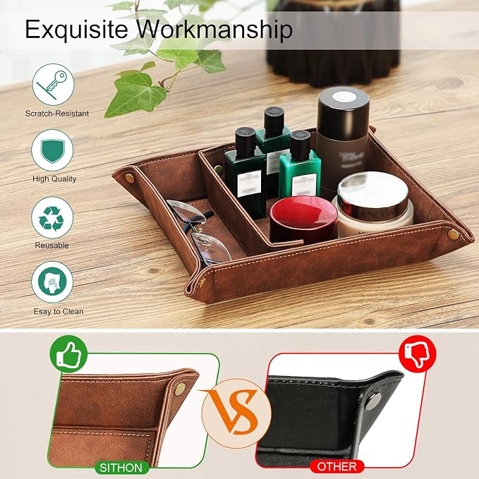 SITHON Valet Tray Desktop Storage Organizer, Removable 2 Compartments Catchall Tray Bedside Vanity Nightstand Caddy Holder Desk Storage Plate, Graduation, Brown