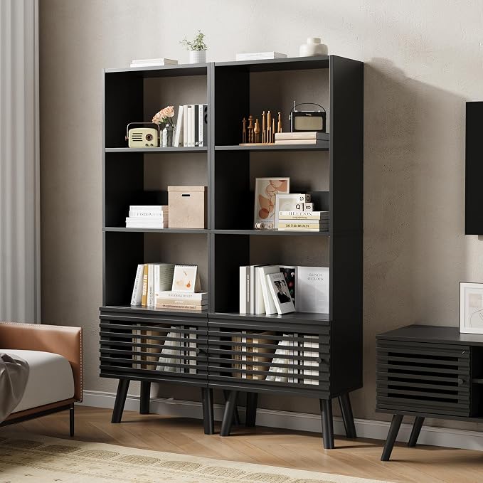 Furnify Small Narrow Corner Bookcase, 55" H Mid Century Modern Bookshelf with Slatted Door, 4 Cube Bookcase with Open Shelf, Display Storage Cabinet for Living Room, Home Office, Black