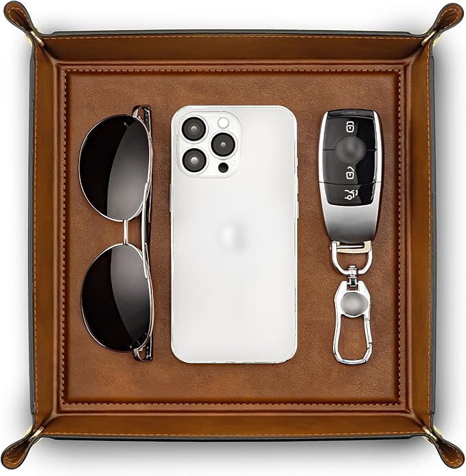 VLANDO Valet Tray Organizer, PU Leather Catchall Tray for Travel | Foldable valet tray for travel, hotel stays and daily carry items like keys, wallet, watch, jewelry and headphones