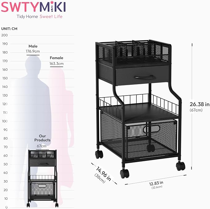 SWTYMIKI Under Desk Storage Cart- Art Storage Cart with Drawers & DIY Divider - Office Cart Organizer Under Desk Shelf, Craft Rolling Cart for Office, Craft Room & Studio Black
