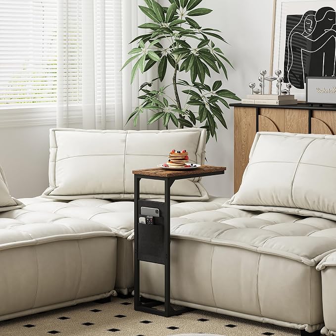 TUTOTAK C Shaped End Table, Side Table for Couch, Sofa Table with Storage Bag, TV Tray for Living Room, Bedroom, Brown TB01BB082